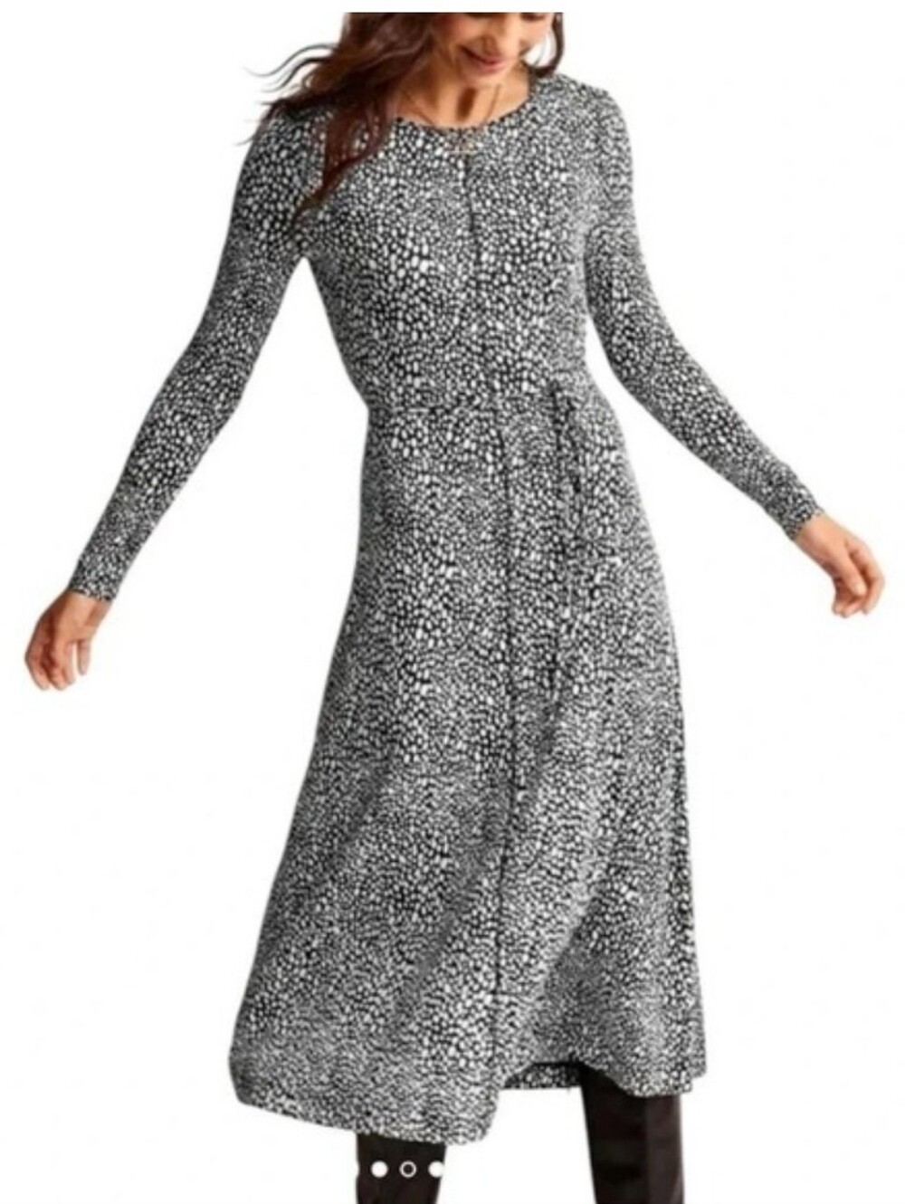Boden Lucy EcoVero Tie Waist Midi Dress Black White Pebble Print Long Sleeve 4 - Picture 8 of 11